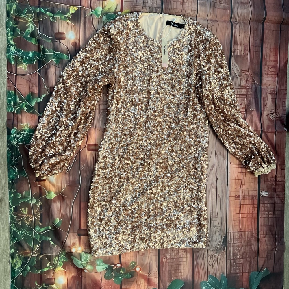 Gold Sequin Long Sleeve Dress